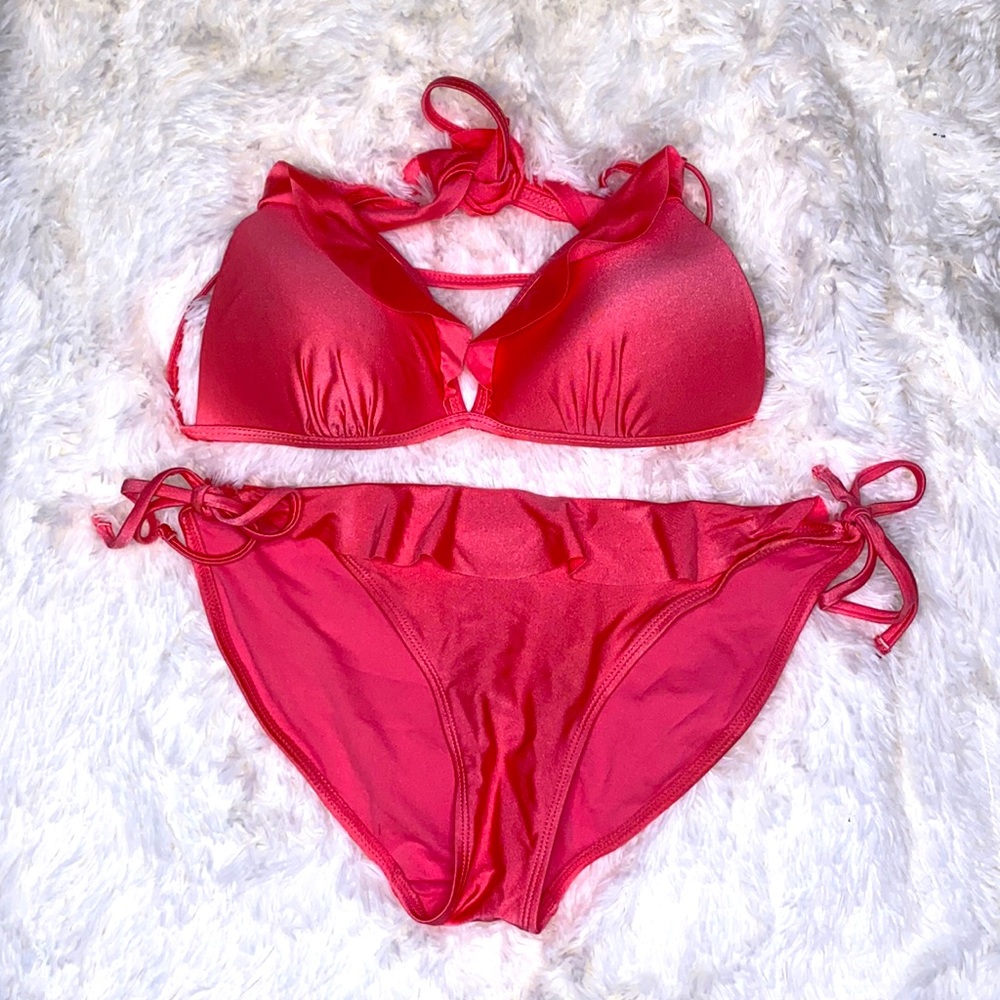 No Boundaries Pink Ruffle String Bikini Swimsuit Set Size Large (11-13)